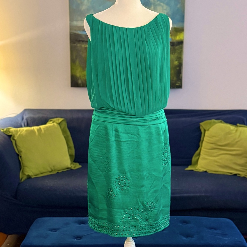 Signature by Vince Camuto Sleeveless Green Dress with Pleats & Stud Details   8